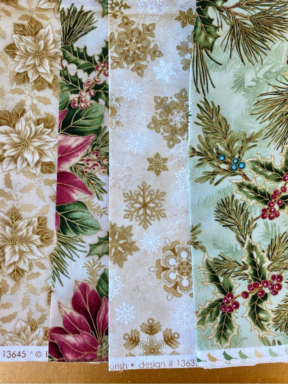 Robert Kaufman Holiday Flourish fabric. 4 fat quarters. Cranberry, green, gold